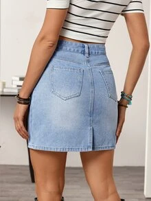 EMERY ROSE Women's Casual Washed Simple Denim Mini Skirt - Blue - View 2