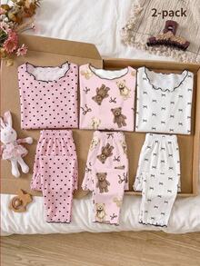 Tween Girls Pajamas, New Autumn Style, Bow & Bear All-Over Print, Contrast Color Frill Trim Knit Top & Long Pants 2 Pieces Set, Loungewear, 1 Set - Multicolor - View 1