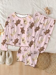 Tween Girls Pajamas, New Autumn Style, Bow & Bear All-Over Print, Contrast Color Frill Trim Knit Top & Long Pants 2 Pieces Set, Loungewear, 1 Set - Multicolor - View 4