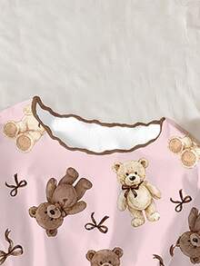 Tween Girls Pajamas, New Autumn Style, Bow & Bear All-Over Print, Contrast Color Frill Trim Knit Top & Long Pants 2 Pieces Set, Loungewear, 1 Set - Multicolor - View 5