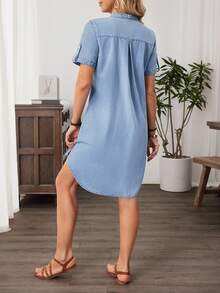 EMERY ROSE Women V-Neck Single-Breasted Casual Denim Dress, Short Sleeve - Light Wash - View 2