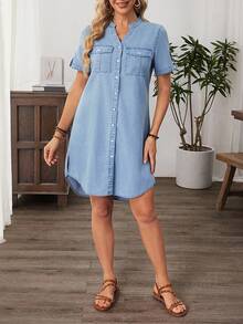 EMERY ROSE Women V-Neck Single-Breasted Casual Denim Dress, Short Sleeve - Light Wash - View 5