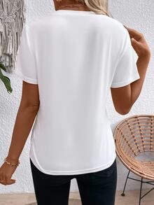 EMERY ROSE Women's Summer Solid Color Round-Neck Short Sleeve Casual T-Shirt - White - View 2