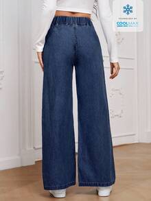 EMERY ROSE Women's All-Match Casual Versatile Elastic High Waist Wide Leg Loose Navy Blue Woven Lightweight Regular Denim Pants - Blue - View 2