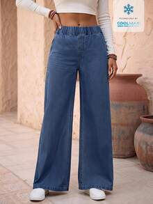 EMERY ROSE Women's All-Match Casual Versatile Elastic High Waist Wide Leg Loose Navy Blue Woven Lightweight Regular Denim Pants - Blue - View 1