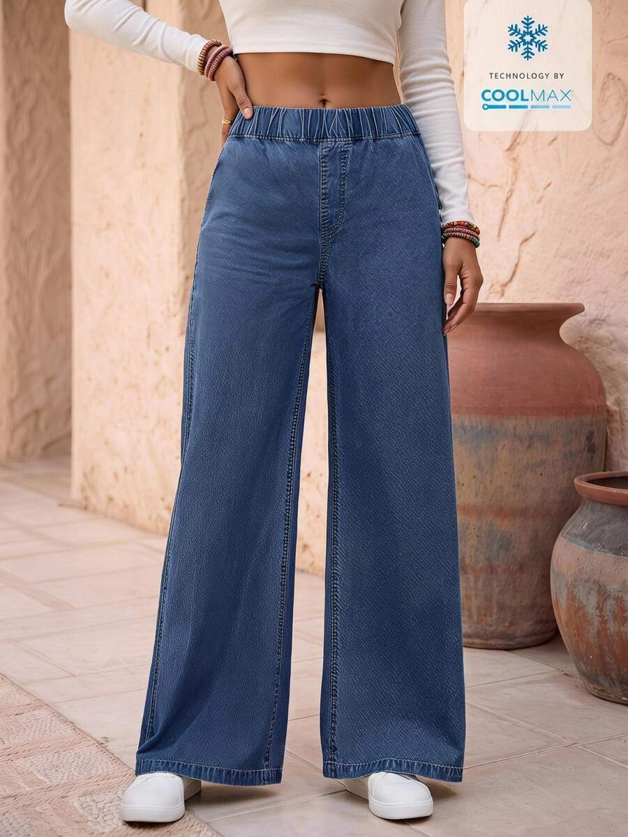 EMERY ROSE Women's All-Match Casual Versatile Elastic High Waist Wide Leg Loose Navy Blue Woven Lightweight Regular Denim Pants - Blue - View 1