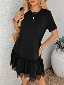 EMERY ROSE Women's Solid Color Round Neck Short Sleeve Ruffle Hem Casual Mini Dress Occasion Black Summer Holiday Dresses For Women Outfits Lace Everyday - Black - View 5
