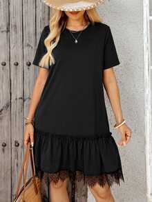 EMERY ROSE Women's Solid Color Round Neck Short Sleeve Ruffle Hem Casual Mini Dress Occasion Black Summer Holiday Dresses For Women Outfits Lace Everyday - Black - View 9