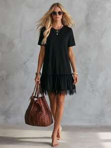 EMERY ROSE Women's Solid Color Round Neck Short Sleeve Ruffle Hem Casual Mini Dress Occasion Black Summer Holiday Dresses For Women Outfits Lace Everyday - Black - View 3