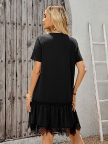 EMERY ROSE Women's Solid Color Round Neck Short Sleeve Ruffle Hem Casual Mini Dress Occasion Black Summer Holiday Dresses For Women Outfits Lace Everyday - Black - View 2