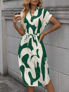 EMERY ROSE Color Block V-Neck Batwing Sleeve Casual Dress - Green - View 7