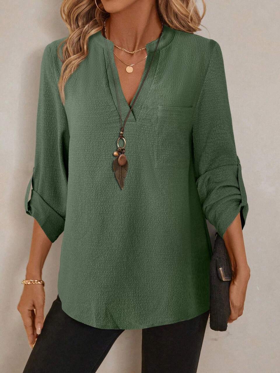 Women's V-Neck Plain Textured Fabric Casual Autumn Blouse Linen Business Button Up Olive Green Chic Office Blouse