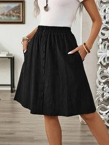 EMERY ROSE Women's Summer Casual Button Decor Skirt - Black - View 7