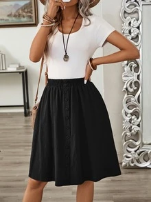 EMERY ROSE Women's Summer Casual Button Decor Skirt - Black - View 6