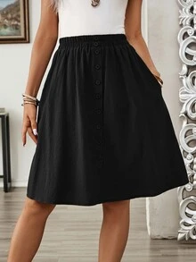 EMERY ROSE Women's Summer Casual Button Decor Skirt - Black - View 4