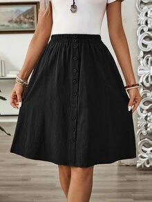EMERY ROSE Women's Summer Casual Button Decor Skirt - Black - View 5