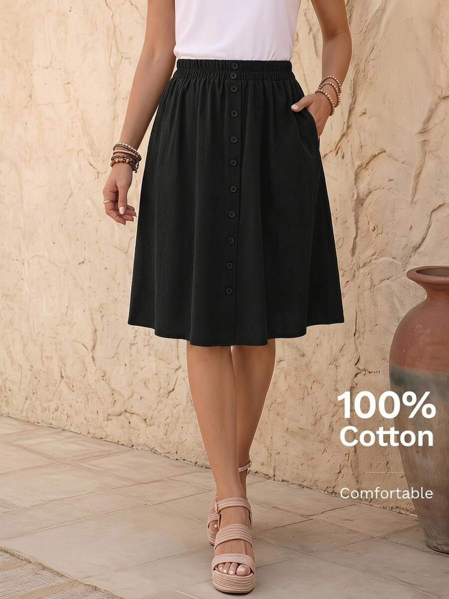 EMERY ROSE Women's Summer Casual Button Decor Skirt - Black - View 1