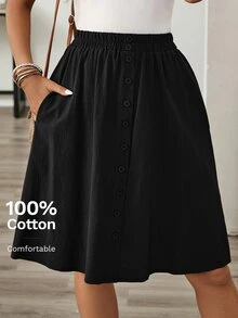 EMERY ROSE Women's Summer Casual Button Decor Skirt - Black - View 3