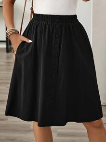 EMERY ROSE Women's Summer Casual Button Decor Skirt - Black - View 8