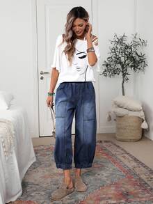 EMERY ROSE Women's Casual Elastic Waist Loose Fit Side Pocket Drawstring Ankle Jeans - Dark Wash - View 5