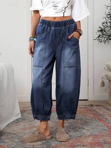 EMERY ROSE Women's Casual Elastic Waist Loose Fit Side Pocket Drawstring Ankle Jeans - Dark Wash - View 4