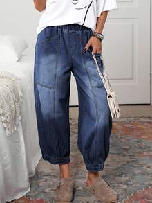 EMERY ROSE Women's Casual Elastic Waist Loose Fit Side Pocket Drawstring Ankle Jeans - Dark Wash - View 2
