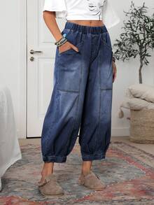EMERY ROSE Women's Casual Elastic Waist Loose Fit Side Pocket Drawstring Ankle Jeans - Dark Wash - View 7