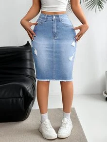 EMERY ROSE Casual Distressed Hem Fitted Denim Skirt, Summer - Light Wash - View 2