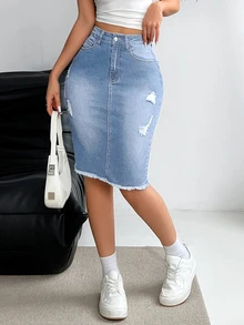 EMERY ROSE Casual Distressed Hem Fitted Denim Skirt, Summer - Light Wash - View 4