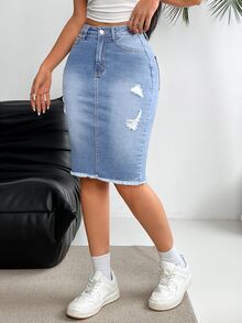 EMERY ROSE Casual Distressed Hem Fitted Denim Skirt, Summer - Light Wash - View 6