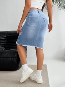 EMERY ROSE Casual Distressed Hem Fitted Denim Skirt, Summer - Light Wash - View 3