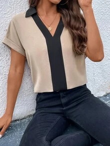EMERY ROSE Colorblock Batwing Sleeve Blouse,Short Sleeve Tops - Apricot - View 4