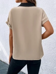 EMERY ROSE Colorblock Batwing Sleeve Blouse,Short Sleeve Tops - Apricot - View 2