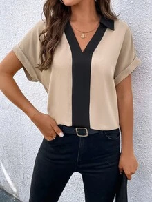 EMERY ROSE Colorblock Batwing Sleeve Blouse,Short Sleeve Tops - Apricot - View 7
