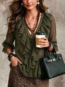 SHEIN Solid Ruffle Trim V-Neck Tie Front Sheer Chiffon Blouse With Flare Sleeves - Army Green - View 6