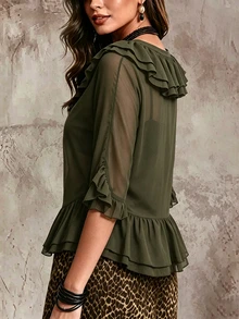 SHEIN Solid Ruffle Trim V-Neck Tie Front Sheer Chiffon Blouse With Flare Sleeves - Army Green - View 2