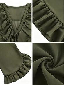 SHEIN Solid Ruffle Trim V-Neck Tie Front Sheer Chiffon Blouse With Flare Sleeves - Army Green - View 8