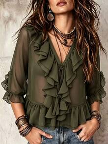 SHEIN Solid Ruffle Trim V-Neck Tie Front Sheer Chiffon Blouse With Flare Sleeves - Army Green - View 3