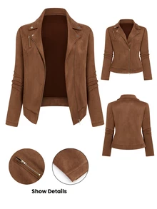 Juhart Plus Size Women Suede Lapel Zip-Up Casual Motorcycle Jacket Fall - Brown - View 5