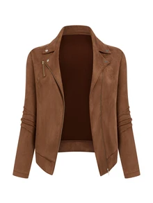 Juhart Plus Size Women Suede Lapel Zip-Up Casual Motorcycle Jacket Fall - Brown - View 1