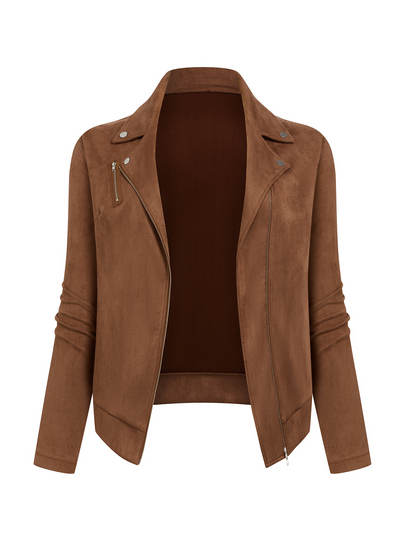 Juhart Chaqueta de motocicleta casual con cremallera y solapa de ante para mujer de talla grande