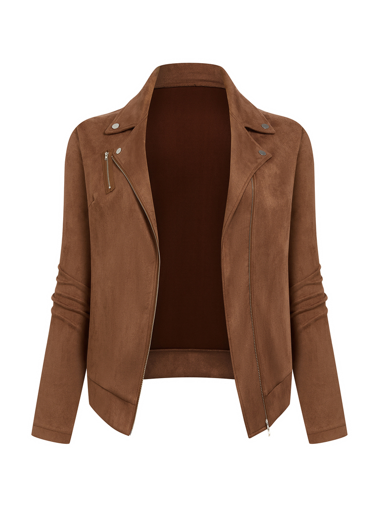 Juhart Plus Size Women Suede Lapel Zip-Up Casual Motorcycle Jacket Fall - Brown - View 1