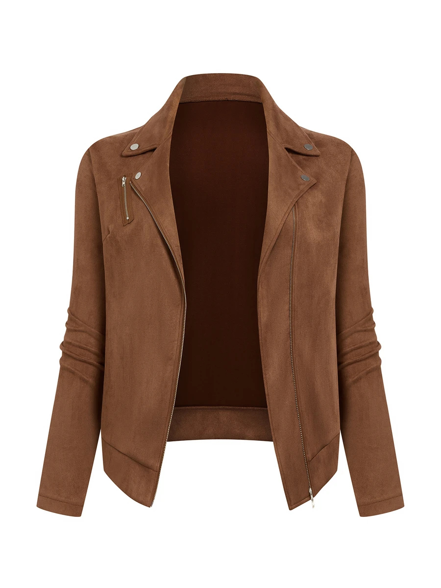 Juhart Plus Size Women Suede Lapel Zip-Up Casual Motorcycle Jacket Fall - Brown - View 1