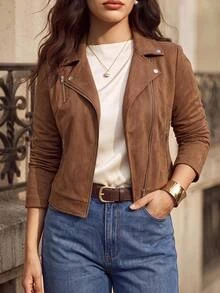 Juhart Plus Size Women Suede Lapel Zip-Up Casual Motorcycle Jacket Fall - Brown - View 8