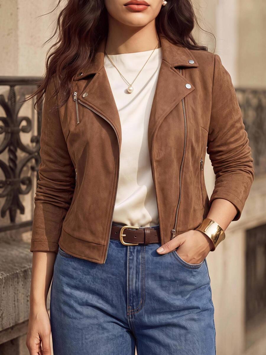 Juhart Plus Size Women Suede Lapel Zip-Up Casual Motorcycle Jacket Fall - Brown - View 1