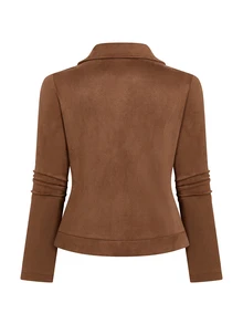 Juhart Plus Size Women Suede Lapel Zip-Up Casual Motorcycle Jacket Fall - Brown - View 2