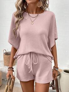 EMERY ROSE Women Fashion Solid Color Short Sleeve Top And Shorts Set - Dusty Pink - View 6