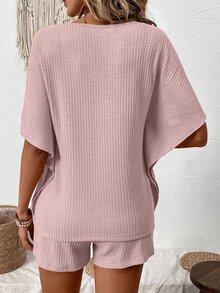 EMERY ROSE Women Fashion Solid Color Short Sleeve Top And Shorts Set - Dusty Pink - View 2