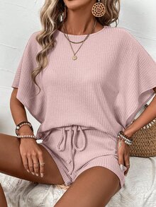EMERY ROSE Women Fashion Solid Color Short Sleeve Top And Shorts Set - Dusty Pink - View 3