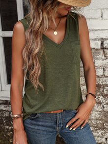 EMERY ROSE Solid Pocket Patched Tank Top - Army Green - View 4